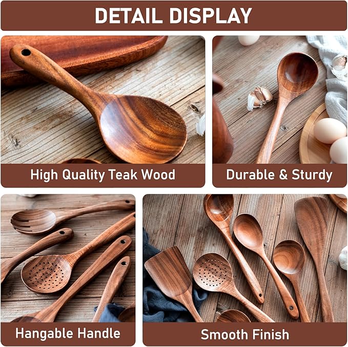 FJNATINH 7-Piece Nonstick Wooden Cooking Utensils Set, Natural and Healthy Kitchen Utensils（7 Pcs）