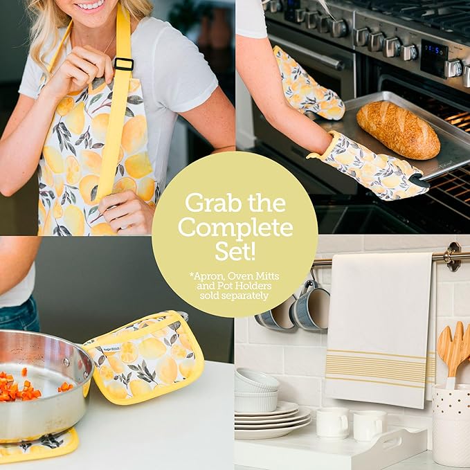 Heat Resistant Designer Kitchen Oven Mitts with Neoprene Non-Slip Grips and Hanging Loops | Set of 2 100% Cotton Long Sleeve Kitchen Oven Mitts | 5.5" x 12" | Yellow Lemons