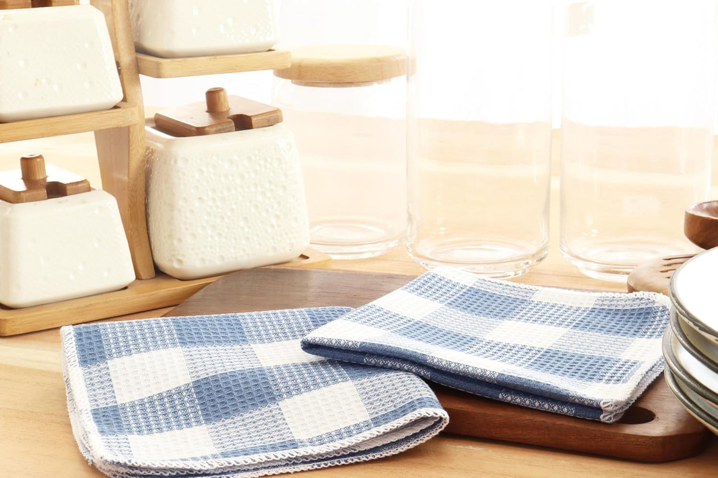 Waffle Weave Plaid Dish Cloths, 100% Cotton - 12 x 12 Inches, Ultra Soft Absorbent Quick Drying Dish Towels Buffalo Check Dish Rags for Kitchen, 8 Pack - Spring Summer - Smoky Grey and White