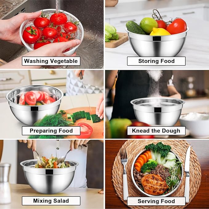 E-far Mixing Bowls Set of 7, Stainless Steel Mixing Bowls with Airtight Clear Lids, Metal Nesting Bowls for Kitchen Prep, Baking, Serving, Dishwasher Safe, Size 4.6, 3.5, 3, 2, 1.5, 1, 0.7QT, Black