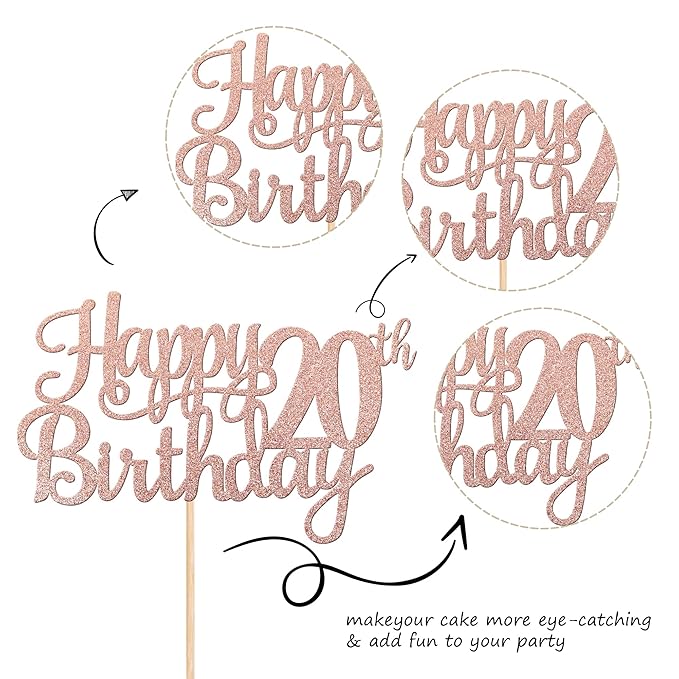 1 PCS Happy 20th Birthday Cake Topper Glitter Cheers to 20 Years Birthday Cake Pick Twenty 20 Fabulous Cake Decoration for Happy 20th Birthday Theme Party Decorations Supplies Rose Gold