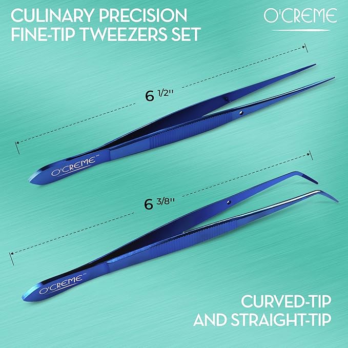 O'Creme Blue Stainless Steel Precision Kitchen Culinary Fine-Tip Tweezer Tongs, 1 Curved and 1 Straight