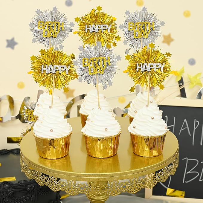 LOLStar 12 PCS Happy Birthday Cake Toppers, Gold and Silver Foil Cupcake Toppers, Glitter Tinsel Cupcake Decor, Food Picks Drink Stirrers Cocktail Toothpicks for Celebrating Party Supplies