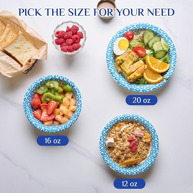 MUCHII 180 Count Paper Bowls 16 oz, Printed Soak Proof Disposable Bowls Bulk for Breakfast, Lunch, and Dinner Meals