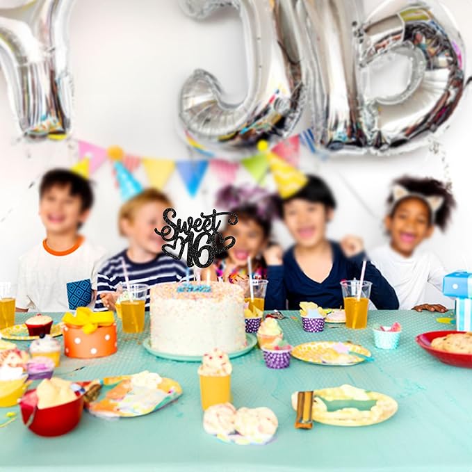 Gyufise 1Pc Sweet Teenager 16 Cake Topper Glitter 16th Birthday Cake Pick for Cheers to 16 Years Old 16th Birthday Party Cake Decorations Supplies Black