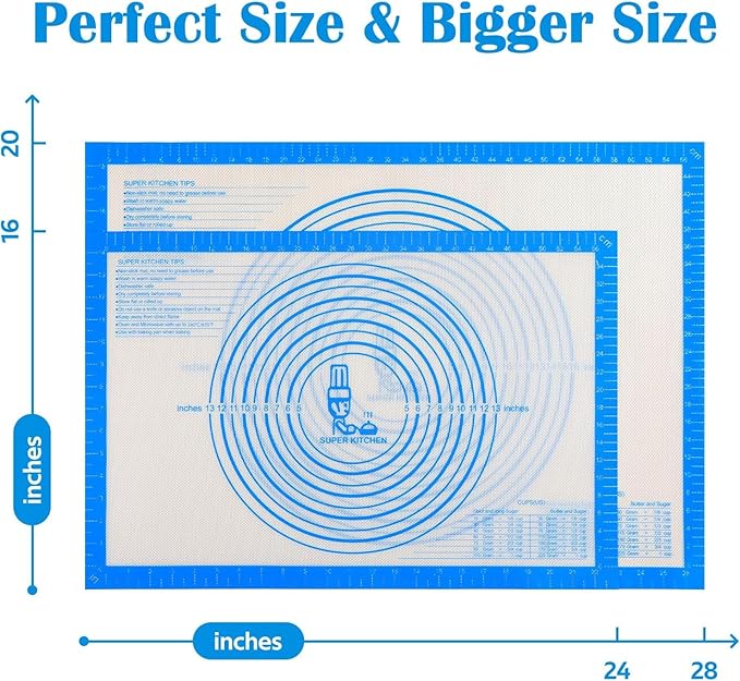 Nonstick Silicone Pastry Mat Extra Large with Measurements 28''By 20'' for Silicone Baking Mat, Counter, Dough Rolling,Fondant/Pie Crust By Folksy Super Kitchen (20×28, Blue)