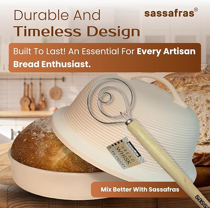 Sassafras Superstone Stoneware La Cloche Bread Baker, Unglazed, Baking Stone for Bread, Capacity 5QT 12”D x7”H with handle, Withstands Temperature 500-2100 Fahrenheit (Bisque + Bread Whisk)