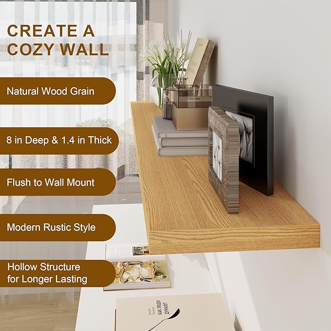 Fun Memories Floating Shelves, 8 Inch Deep Floating Shelves, Rustic Wood Fireplace Mantel 48 in Long, 48 x 8 Floating Wall Shelves for Living Room, Kitchen, Bedroom, Oak Color, 1 Pack