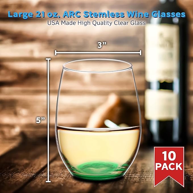 DISCOUNT PROMOS 10 ARC Stemless Wine Glasses Set, 21 oz. - Chardonnay, Cabernet, Merlot, Sauvignon - Green