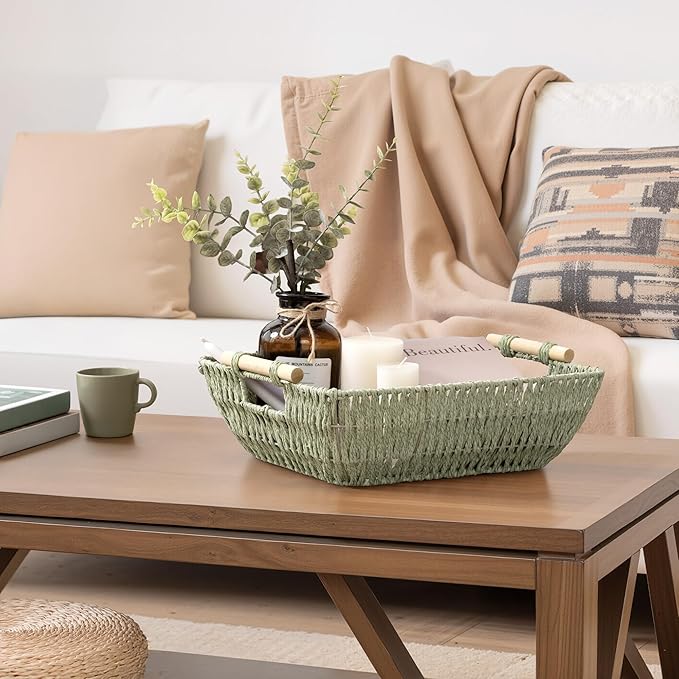 StorageWorks Extra Large Wicker Storage Basket for Organizing with Wooden Handles, Toilet Paper Baskets for Bathroom, Bosana Green, 2-Pack