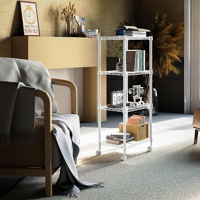 1000 lbs 4-Shelf Adjustable Heavy Duty Steel Wire Rack, Adjustable Storage Shelving Unit with Wheel for Kitchen, Garage, Laundry White 11.8" D x 17.7" W x 40.8" H