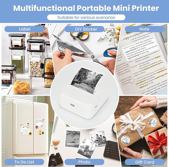 Sticker Printer, Thermal Label Maker Mini Sticker Maker with 4 Roll Paper Bluetooth Inkless Sticker Maker Machine for Home, Office, School, DIY Creations, Sticky Scrapbook, Lists