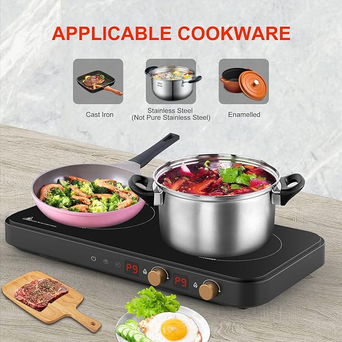 Induction cooker with 2 burners, detachable baking tray, non stick, temperature control option with timer, suitable for kitchen and outdoor barbecue