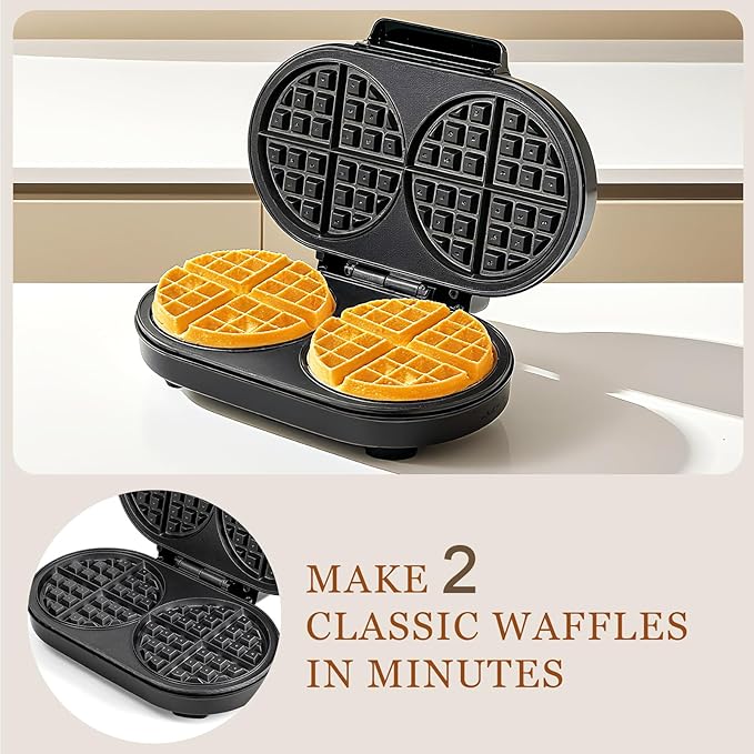 Double Waffle Maker 6 Inch, 1200W Belgian Waffle Maker for Breakfast and Snacks, Makes 2 Personalized Individual Keto Chaffles, Waffle Iron with Nonstick Plates, Temperature Knob, Black