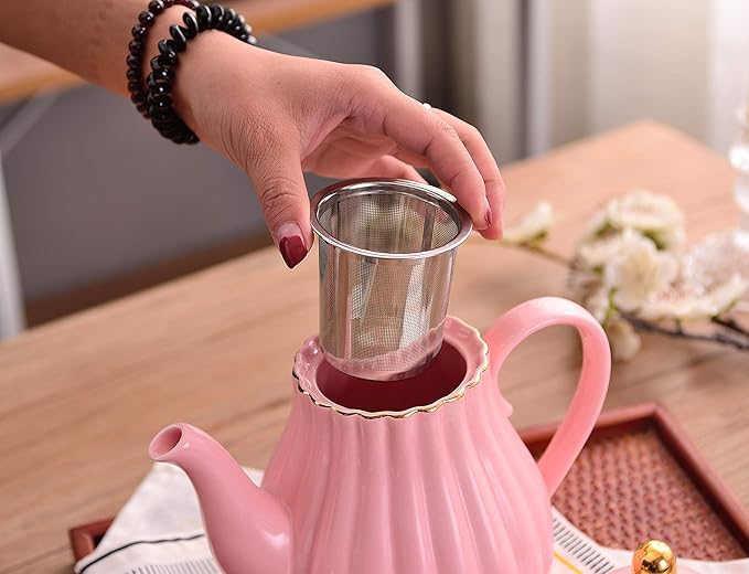 Jusalpha Porcelain Tea Set- Pink Teapot and Creamer Sugar Bowl Set, TW (Pink)