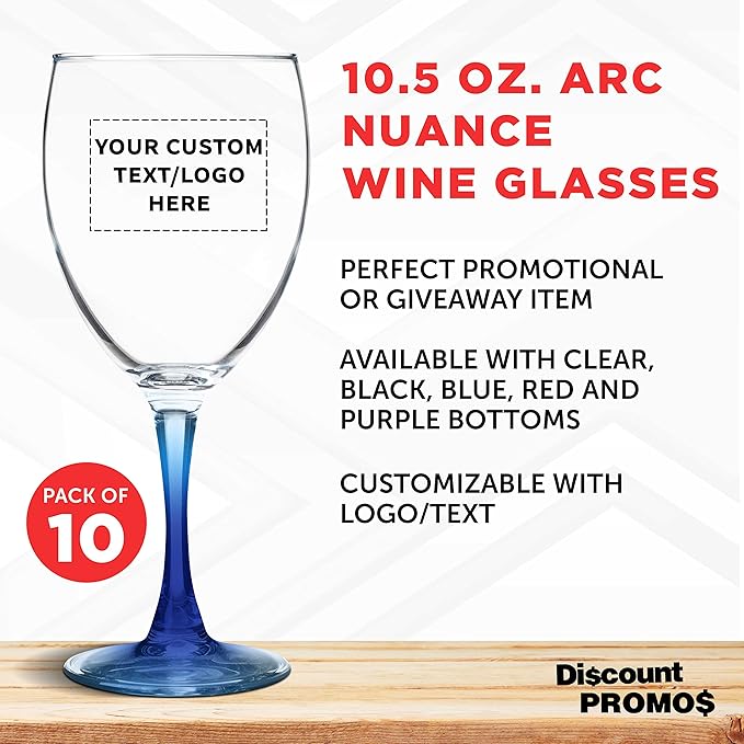 Custom Nuance Wine Glasses by ARC 10.5 oz. Set of 10, Personalized Bulk Pack - Restaurant Glassware, Perfect for Red Wine, White Wine, Cocktails - Blue