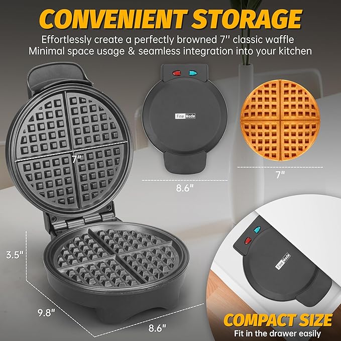 7 Inches Round Classic Waffle Maker Machine, Mini Waffle Maker, Non-stick Waffle Irons, Thin Waffle Maker Crispy, Black