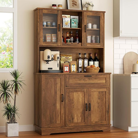 Vongrasig Tall Kitchen Pantry, Food Storage Pantry Cabinet with Hutch and Microwave Stand, Modern Coffee Bar Hutch with Adjustable Shelves for Kitchen, Dining Room, Brown