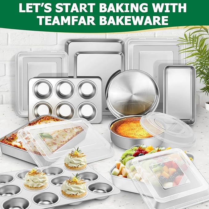 TeamFar Baking Sheet Set - Stainless Steel Baking Sheet Pan with Cooling Rack & Silicone Baking Mat, 10.5/12.5/16inch Cookies Sheets for Oven Baking (3 Sheets + 3 Racks + 3 Mats), Easy Clean