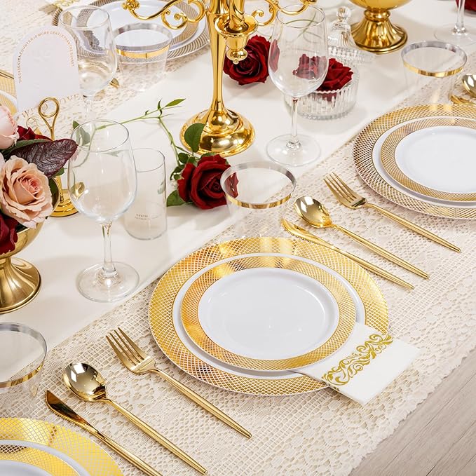 I00000 102 Pcs Gold Plastic Plates, Disposable Party Plates Include 51 Gold Dinner Plate 10.25’’ and 51 Disposable Dessert Plate 7.5’’ Perfect for Party & Wedding