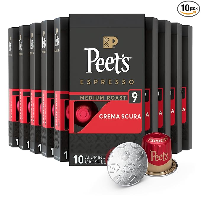Peet's Coffee, Medium Roast Espresso Capsules, Compatible with Nespresso Original Machine - Crema Scura Intensity 9, 100 Count (10 Boxes of 10 Espresso Capsules)