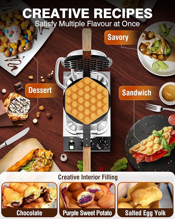 PYY Bubble Waffle Maker - Commercial Egg Puff Waffle Iron Machine, 180° Rotating, Non-stick Coating, 1500W Hong Kong Electric Stainless Steel, 122-482℉, 30 Egg Cones