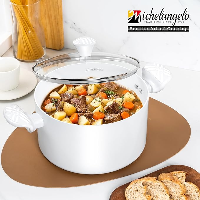 MICHELANGELO Stock Pot with Lid, 6 Quart Soup Pot with Lid, Nonstick Ceramic Cooking Pot with Stay-Cool Handle, Induction Compatible - 6QT, White