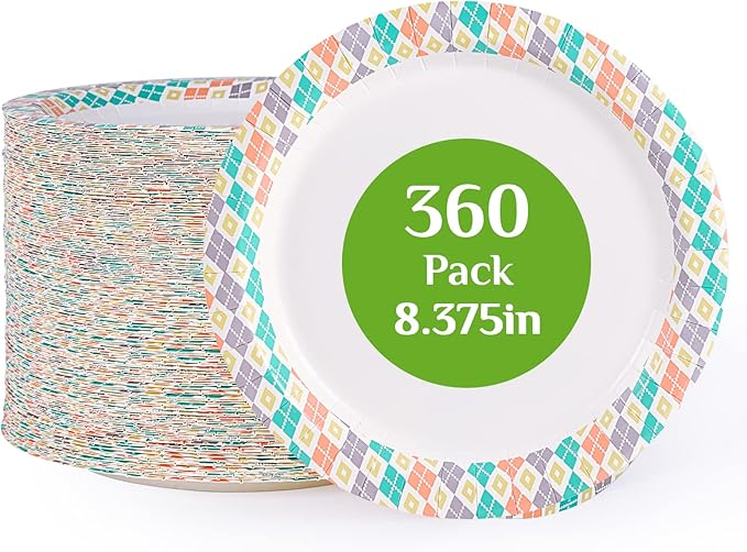 FOCUSLINE 360pack Paper Plates 8.375 Inch, Soak Proof Disposable Paper Plates for Everyday Use, 360 Count Plate with Color Checkered Design, Strong and Heavy Duty Round Plate