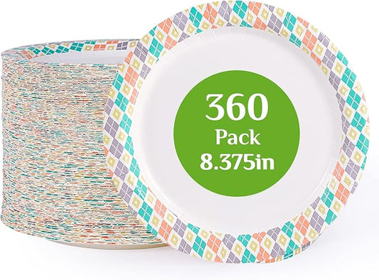 FOCUSLINE 360pack Paper Plates 8.375 Inch, Soak Proof Disposable Paper Plates for Everyday Use, 360 Count Plate with Color Checkered Design, Strong and Heavy Duty Round Plate