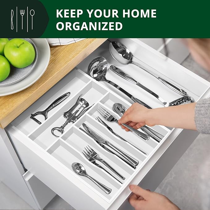 ROYAL CRAFT WOOD Luxury Bamboo Kitchen Drawer Organizer - Silverware Organizer - Utensil Holder and Cutlery Tray with Grooved Drawer Dividers for Flatware and Kitchen Utensils (7 Slot, White)