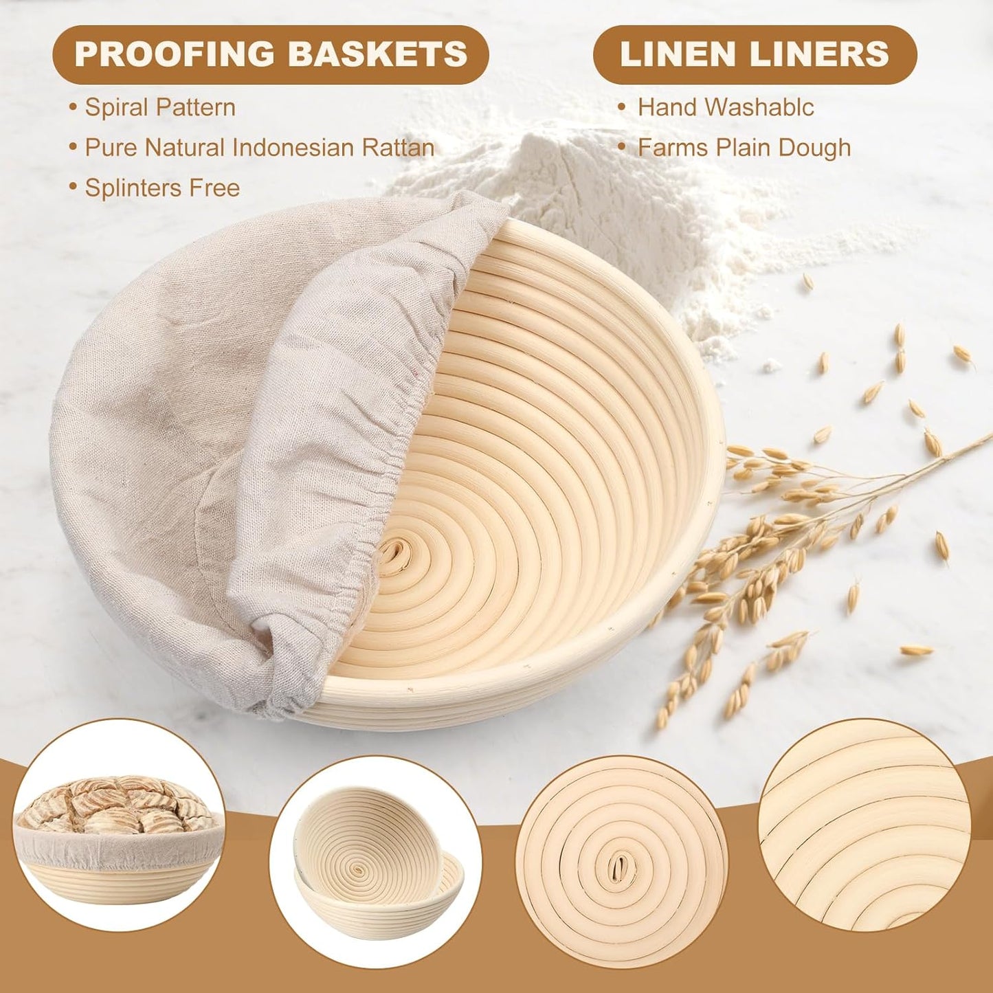 Banneton Bread Proofing Basket Set of 4PCS 6 Inch Round Sourdough Dough Proofing Bowls for Sour Dough Bread Baking Supplies, Proofing Basket or Home Sourdough Bakers Baking