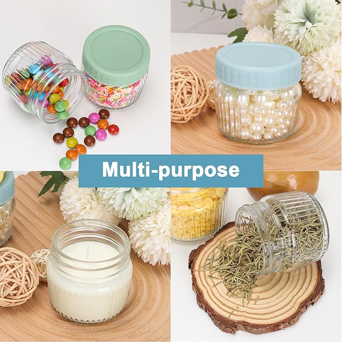 Glass Regular Mouth Mason Jars, Mini Mason Jars 4 oz, 8 Pack Clear Glass Jars with Colorful Plastic Lids, Small Canning Jar for Spice, Jam, Honey, Jelly, Dessert
