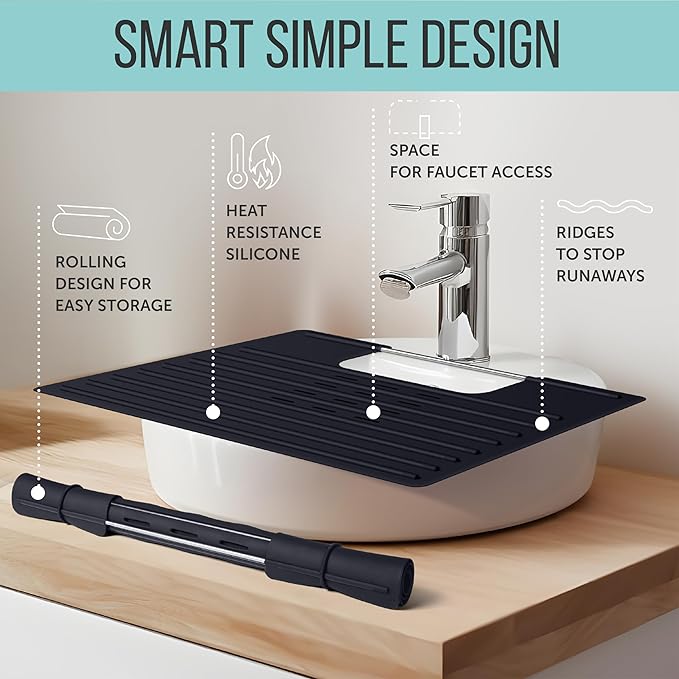 Maplefield Bathroom Sink Cover for Counter Space - 22 x 2 x 2 in Black Silicone - Heat Resistant Sink Cover up to 400°F & Foldable Design for Getting Ready - Makeup Mat with Ridges
