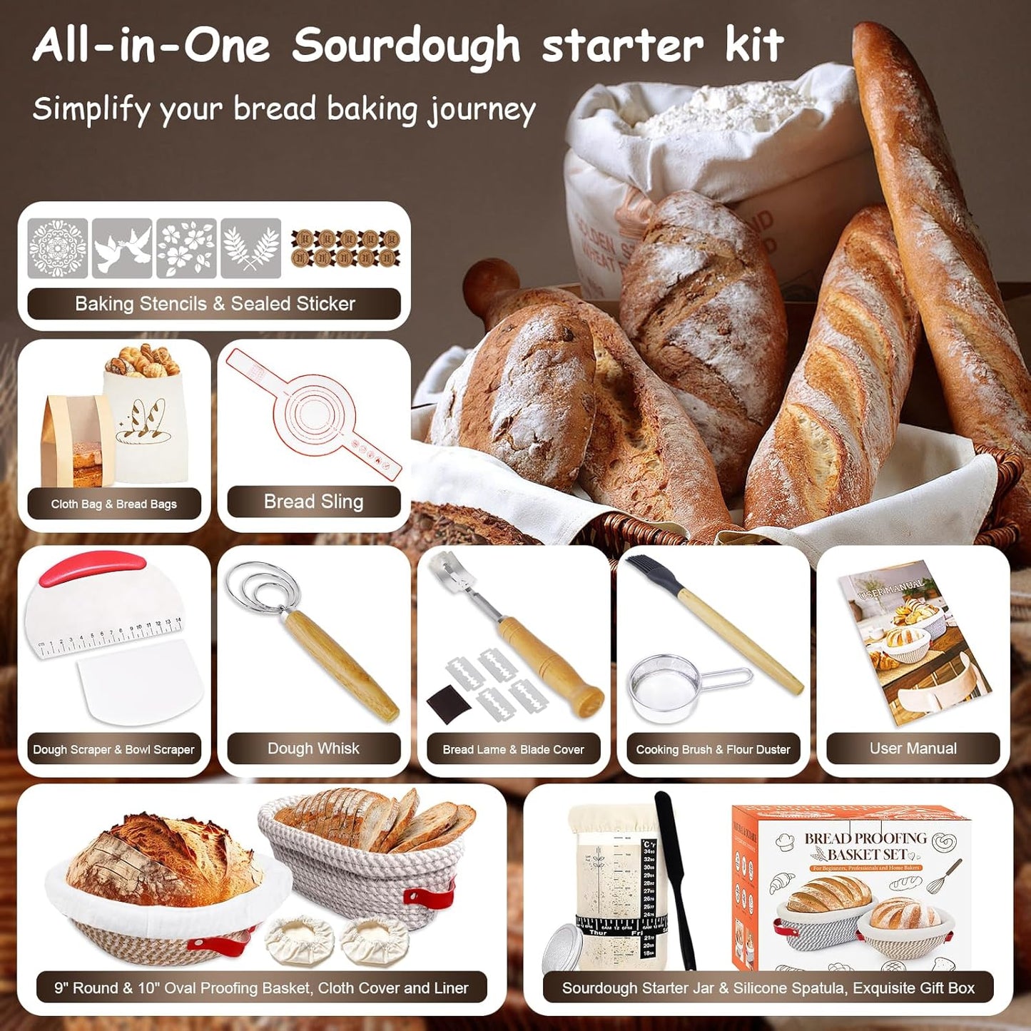 Sourdough Starter Kit, Sourdough Bread Baking Supplies, Cotton Rope Banneton Bread Proofing Basket Set with Sourdough Starter Jar for Bread Making Baking, Sour Dough Kit Tools Gifts for Bakers Women
