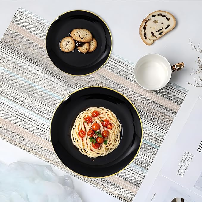 KIRE 100PCS Black and Gold Plates - Black Plastic Plates Disposable with Gold Rim for Party/Wedding/Graduation Include 50Pcs 10.25inch for Dinner and 50Pcs 7.5inch for Dessert/Salad