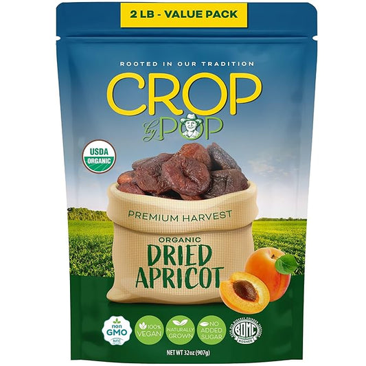 CROP BY POP - Organic Sun Dried Apricots, No Sugar Added, Unsulphured (32oz, 2 LB) Bulk Dry Fruits Packed Fresh in Resealable Bag - USDA Organic, Non GMO, Kosher