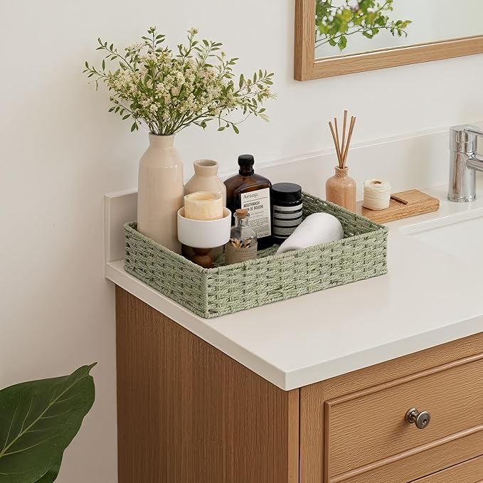 StorageWorks Bathroom Vanity Tray for Countertop, Bathroom Counter Tray for Decorative, Toilet Paper Baskets, Green, Larger, 2 Pack