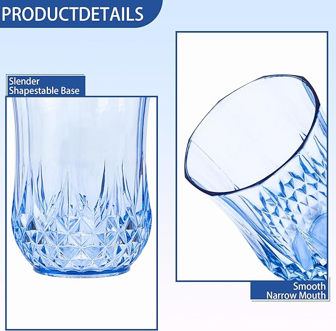 12 PCS Blue Stemless Wine Glasses，Plastic Reusable Cups 9OZ Vintage Drinking Glasses Tumblers for Whisky, Beer, Juice, Beverages, Cocktai