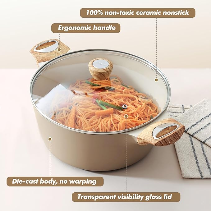 SENSARTE Ceramic Nonstick Stock Pot with Lid, 2.6/4.5/6.6 QT Soup Pot Casserole Pot, Non-toxic Healthy Pasta Pot, Large Cooking Pot Stew Pot, Induction Compatible, PFOA PFAS PTFE Free, Taupe