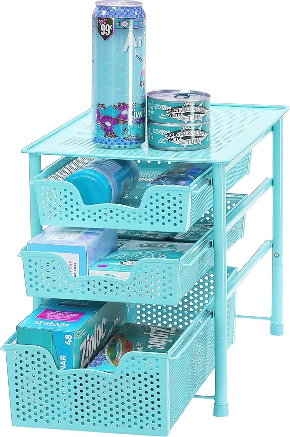 Simple Houseware Stackable 3 Tier Sliding Basket Organizer Drawer, Turquoise