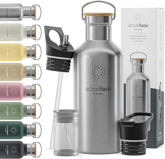 Stainless Steel Water Bottle with Straw, Infuser & 3 Lids: 18/32 OZ Leak-Proof Vacuum Insulated ACTIVE FLASK Drinking Bottles Hot Cold: Double Walled Outdoor Drink Thermo Mug Tea Coffee Sport Gym Bike