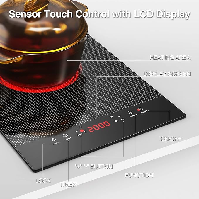 Portable Electric Hot Plate, 2 Burner Cooktop 110V/120V Plug-in, Infrared Stove Top for Cooking, LED Touch Control, Timer & Safety Lock for RV, Dorm, Apartment (Electric Cooktop 12 Inch)