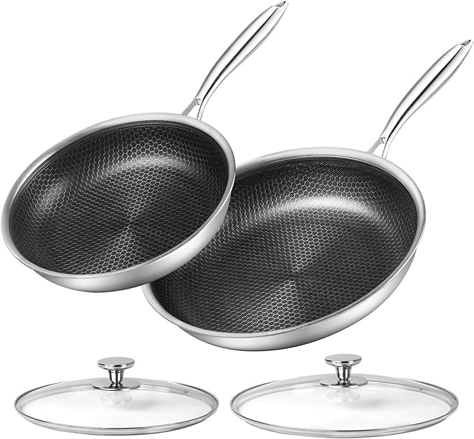 Stainless Steel Frying Pan Set with Lid 10" and 12" Nonstick Honeycomb Coatings Skillet Set 2pcs W/Stay Cool Handle,Works Pan for Cooking with Induction Gas Stovetops