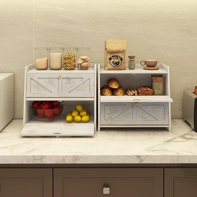 Vintage Double Layer Bread Box for Kitchen Counter Bamboo Bread Storage Container Large Capacity Bread Storage Bin (Antique White)