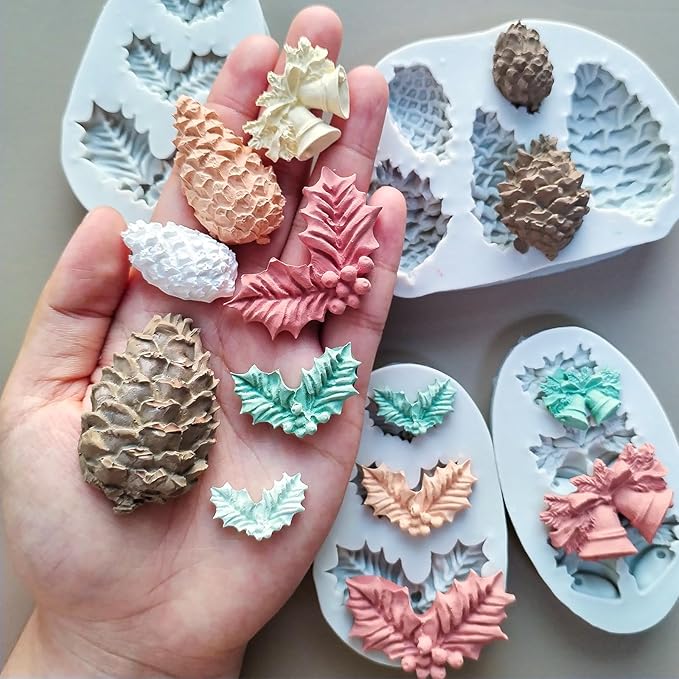 4PCS Christmas Fondant Molds, Christmas Holly Leaves Bells Pinecone Silicone Chocolate Molds, Unique Shape Cake Pop Candy Gummy Molds for Baking, DIY Holiday Dessert Polymer Clay Candle Craft