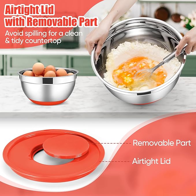 E-far Stainless Steel Mixing Bowls with Lids Set, 5-Piece Nesting Salad Bowls with 3 Grater Attachments and Non-Slip Bottoms, Size 4.6, 2.6, 2, 1.5, 1QT for Kitchen (Red)