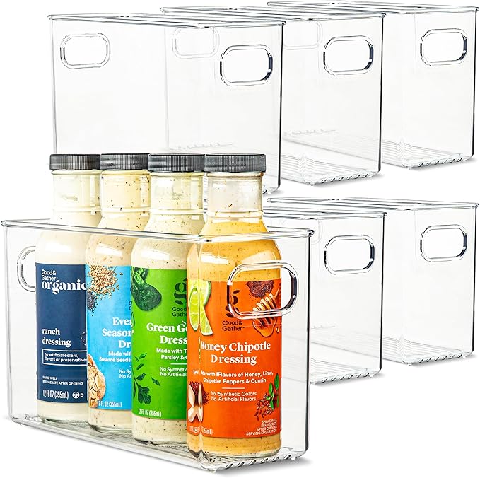Plastic Food Storage 6 Pack Clear Container Bin with Handles for Organizing Kitchen, Pantry, Refrigerator, Freezer, Pantry, Cabinet, Closet, Bathroom. 10”x4”x6”