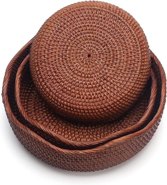 YANGQIHOME Rattan Round Fruit Baskets, Wicker Storage Bowls, Natural Woven Serving Basket Bowls, Decorative Baskets for Kitchen Counter Organizing, Brown, Set of 3