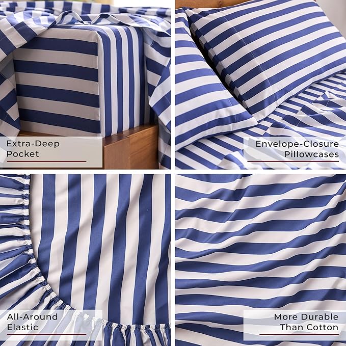 Mellanni Full Sheets Set - 4 PC Iconic Collection Bedding - Hotel Luxury, Extra Soft, Cooling Bed Sheets - Wrinkle, Fade, Stain Resistant (Full, Oxford Stripe Blue Nova)
