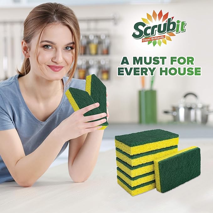 SCRUBIT Heavy Duty Scrub Sponges - Dishwashing Sponge Along with A Tough Scouring Pad - Ideal for Cleaning Kitchen, Dishes, Bathroom - Yellow - 24 Dish sponges
